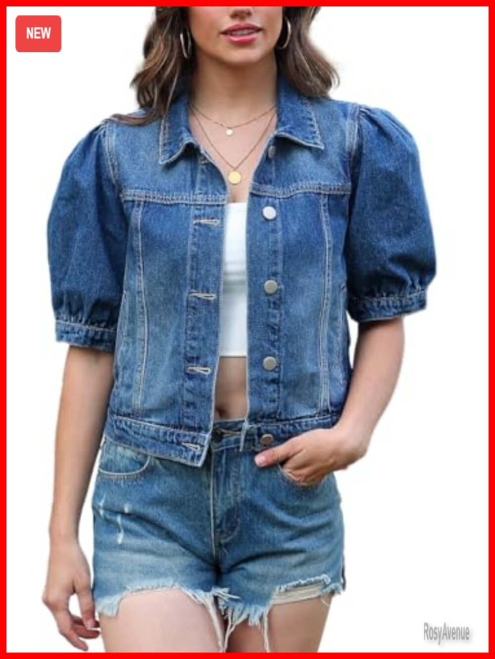 Women's Cropped Denim Jacket Puff Sleeve Short Jean Trucker Coat Cotton